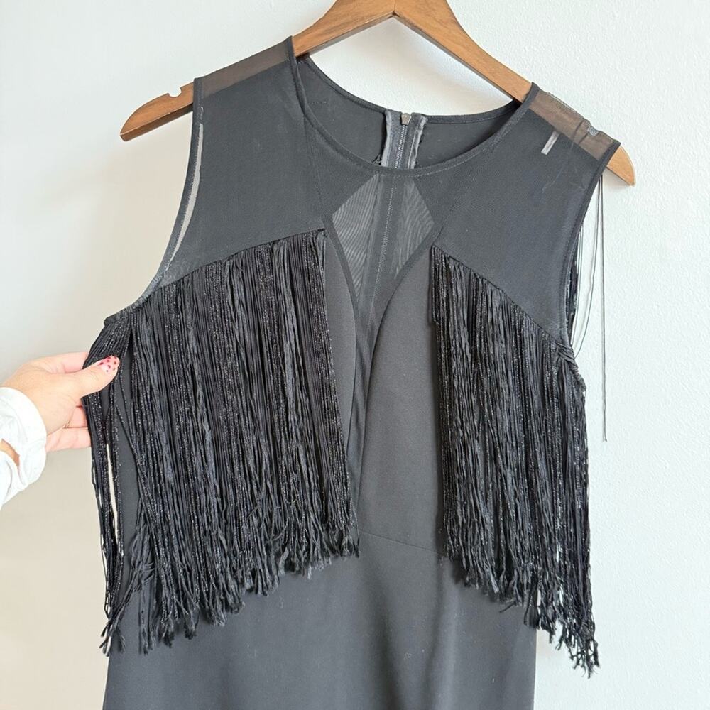 Sandro Paris | Women’s Black Deep V-Neck Mesh & Tassels Fringe Sleeveless Dress - Picture 3 of 14